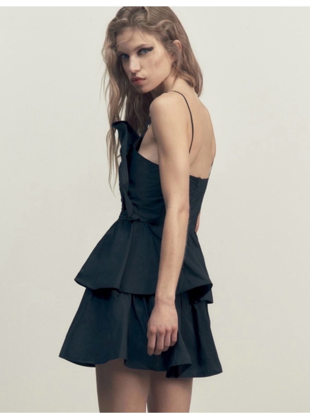 Zara Black Tiered Mini Dress with Ruched Waist - Picture 3 of 6